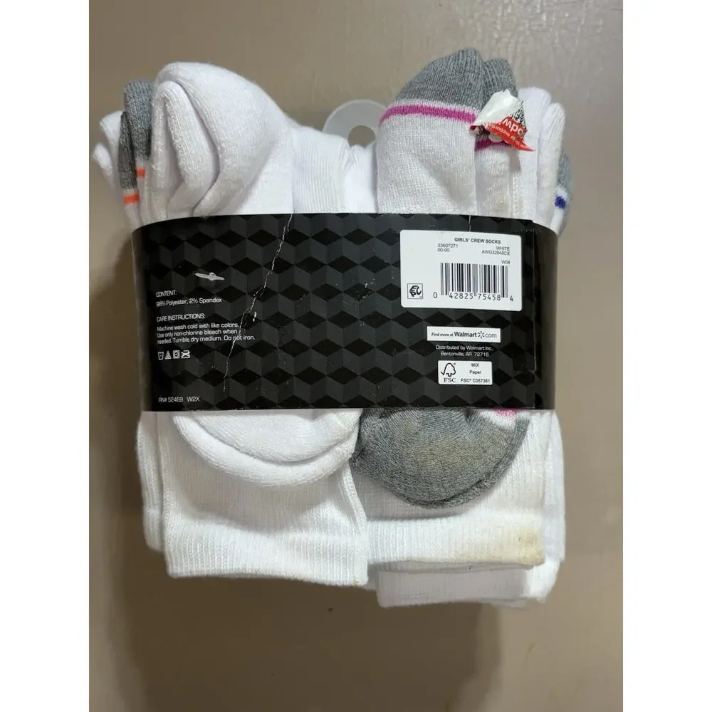 Athletic Works Girl's Crew Socks 10 PAIRS Shoe Size 10.5-4 Cushioned WHITE